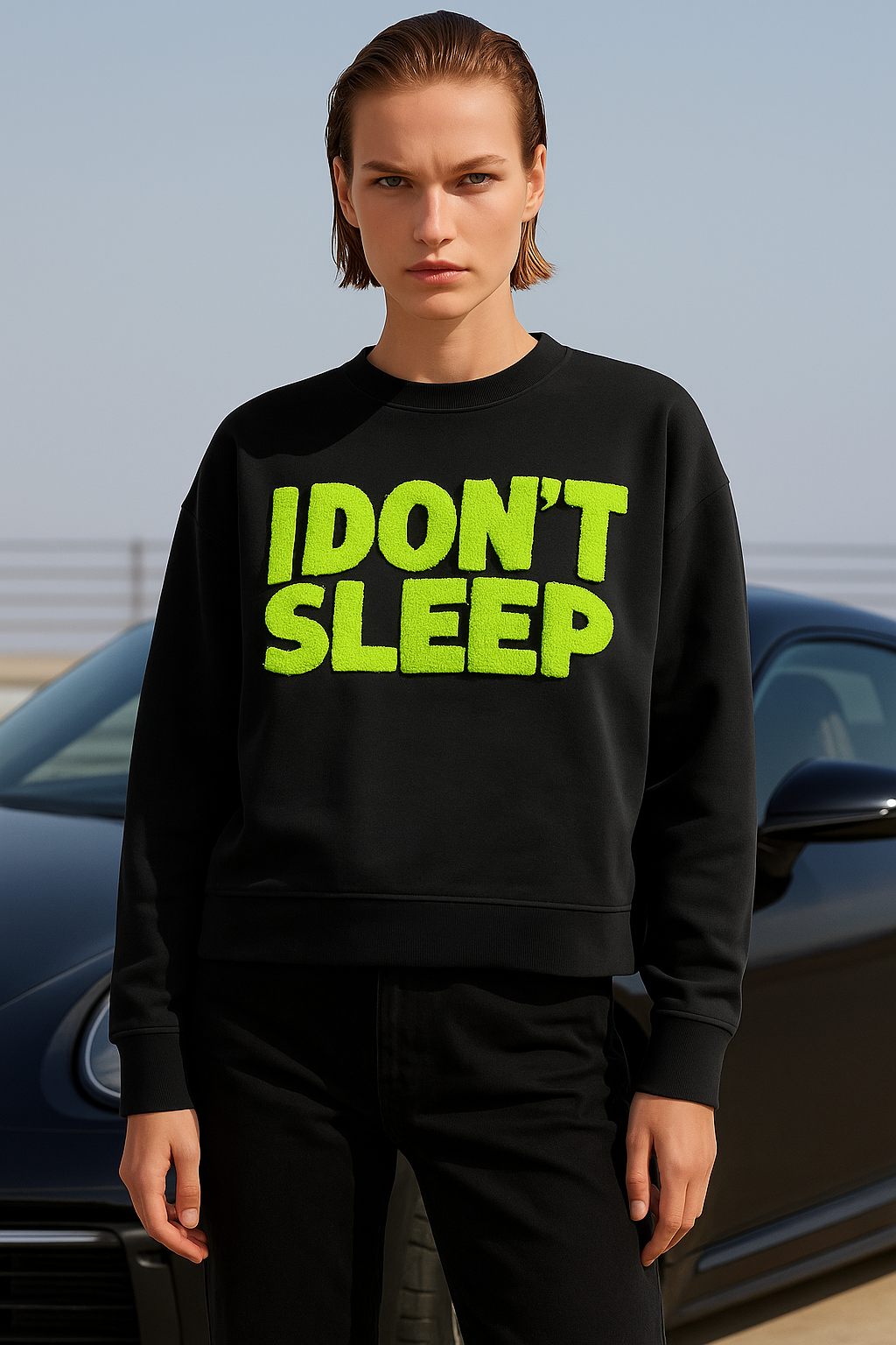 “I DON’T SLEEP” Graphic Sweatshirt with Neon Green Text