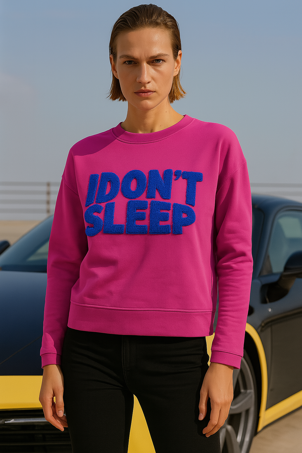 “I DON’T SLEEP” Graphic Sweatshirt with Neon Green Text