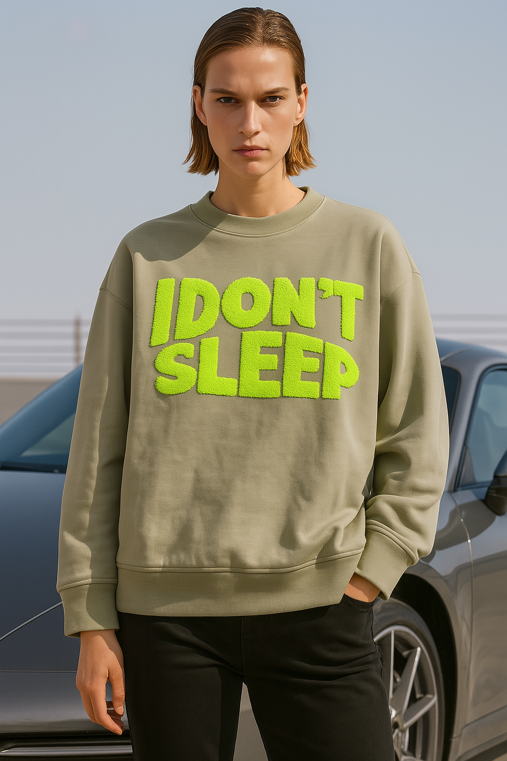 “I DON’T SLEEP” Graphic Sweatshirt with Neon Green Text